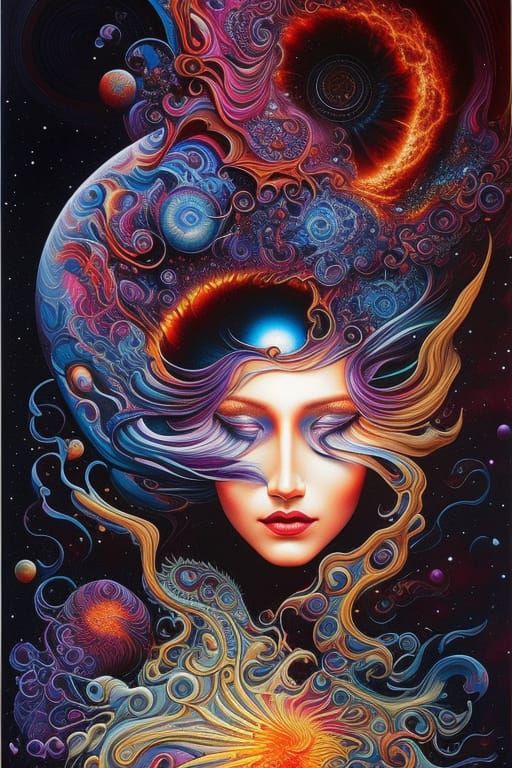 Woman Merging with Fractal Galaxy in Oil Painting Style