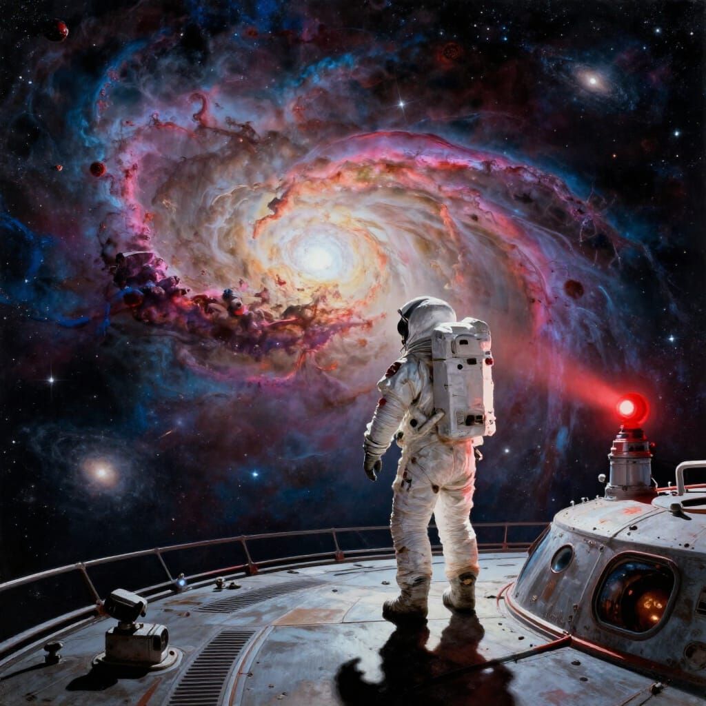 Astronaut Views Nebula from Derelict Ship