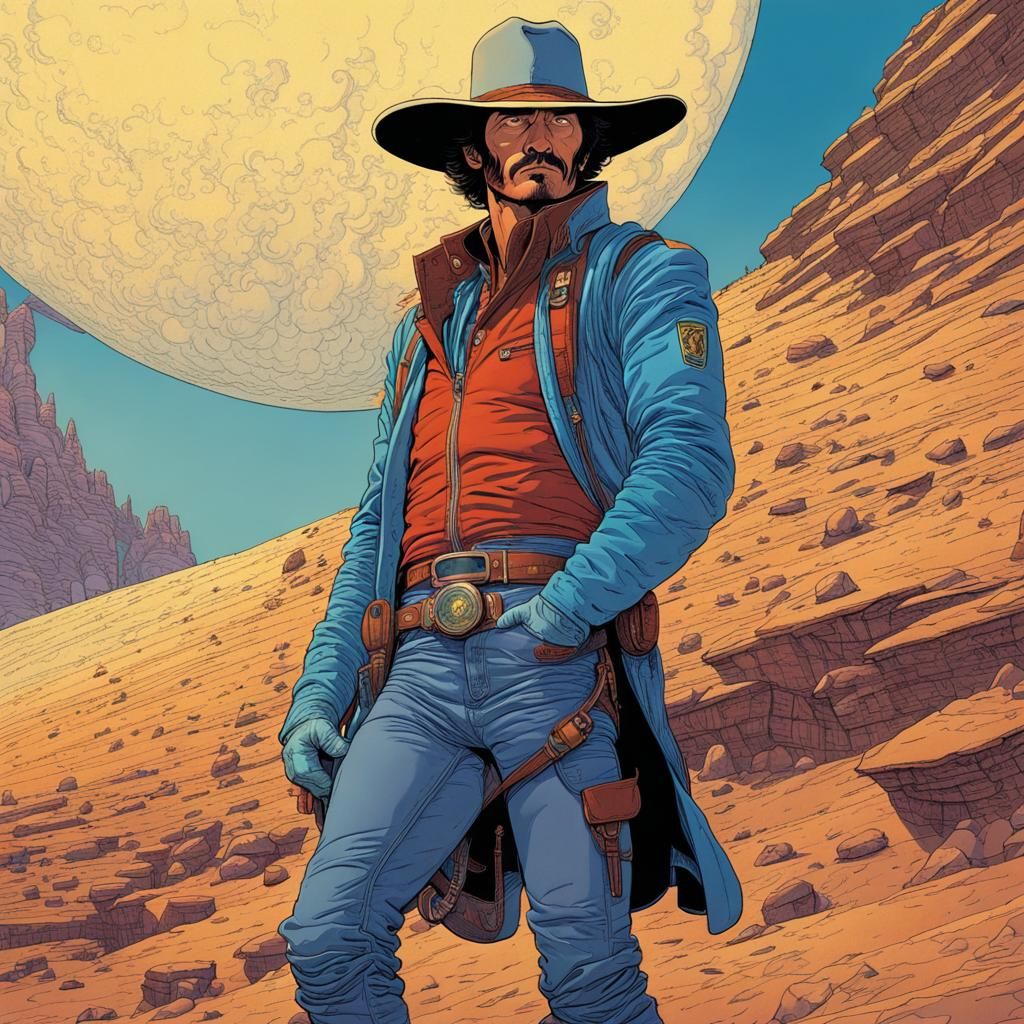 Detailed Space Cowboy in Moebius Comic Style