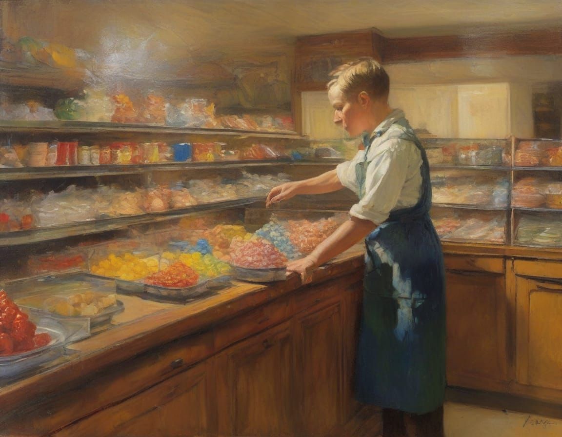 Nostalgic Candy Counter Scene in Warm Oil Painting
