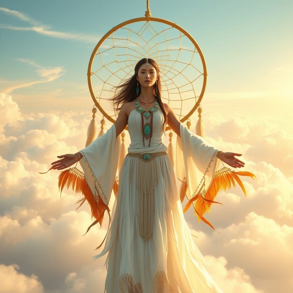 Native American Woman Embracing Dreamcatcher in Golden Light