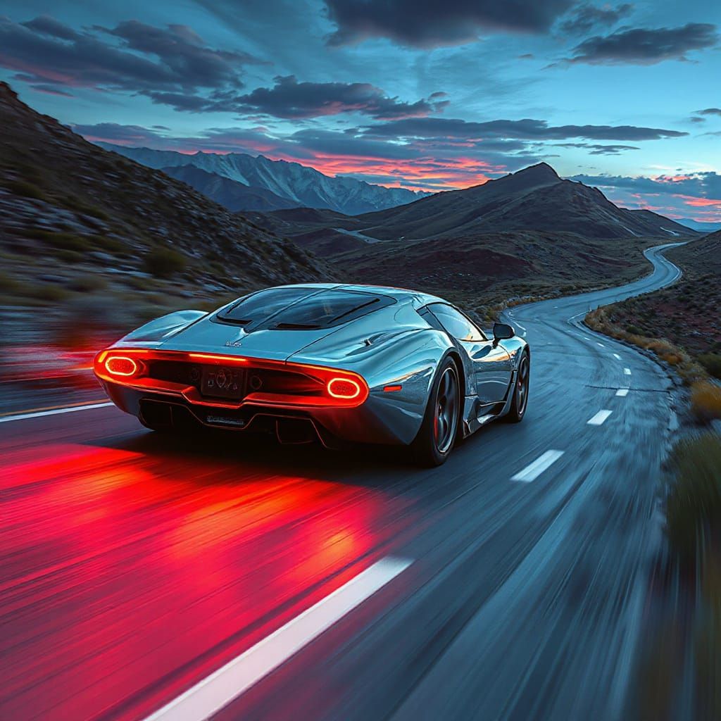 Futuristic Car Speeding Down Neon Road