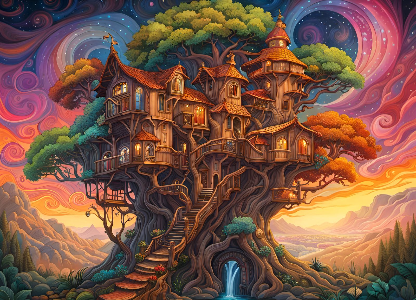 Magical Medieval Treehouse in Colorful Forest