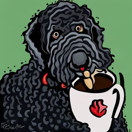 Cartoon Black Labradoodle Drinks Coffee: Abstract Art