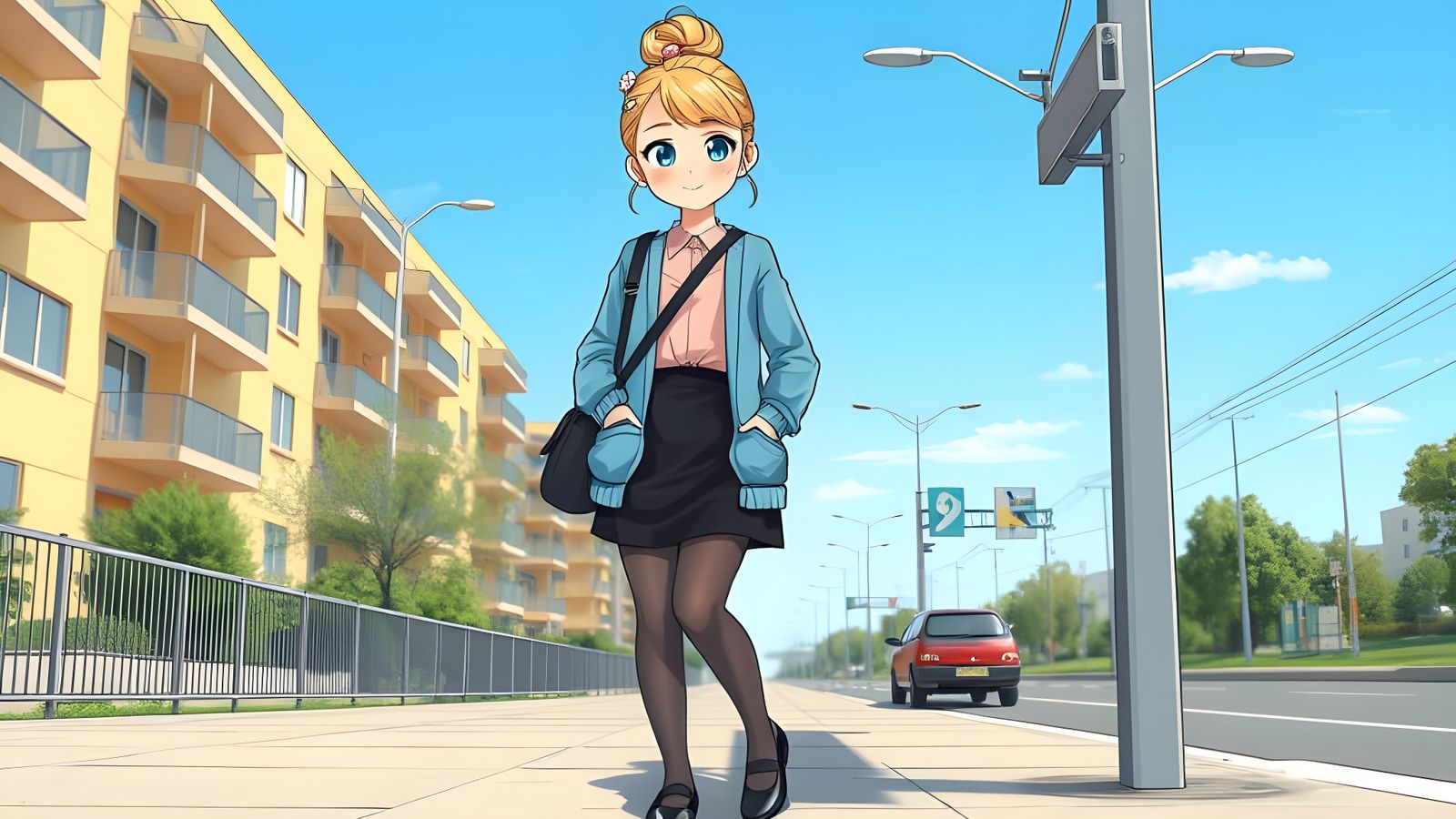 Kawaii Cartoon Style Nordic Female Spy Waiting for Bus