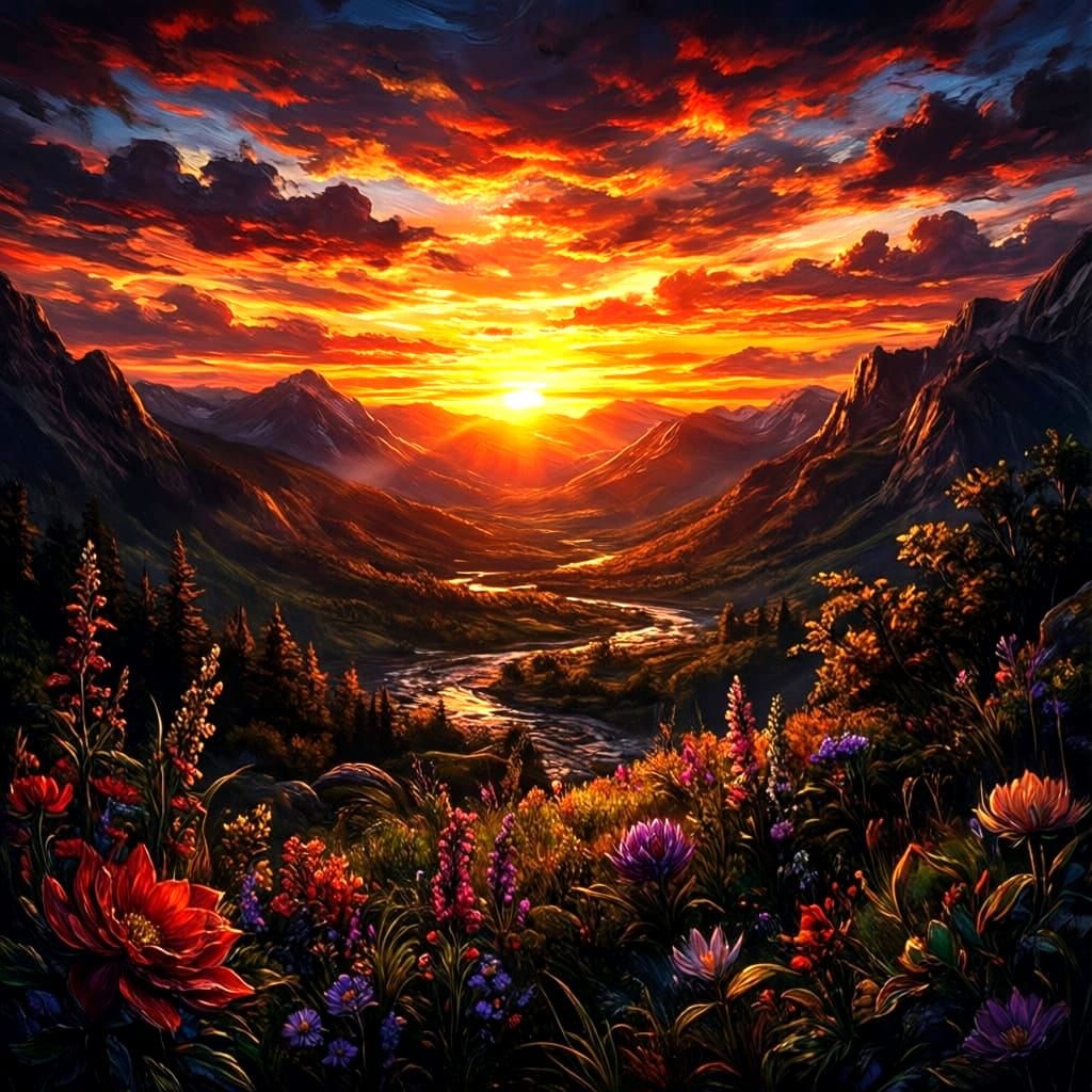 Vivid Sunset Landscape in Anime and Impressionist Style