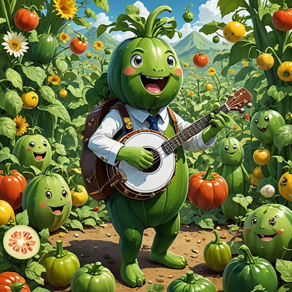 Anthropomorphic Zucchini Plays Banjo in Anime Style