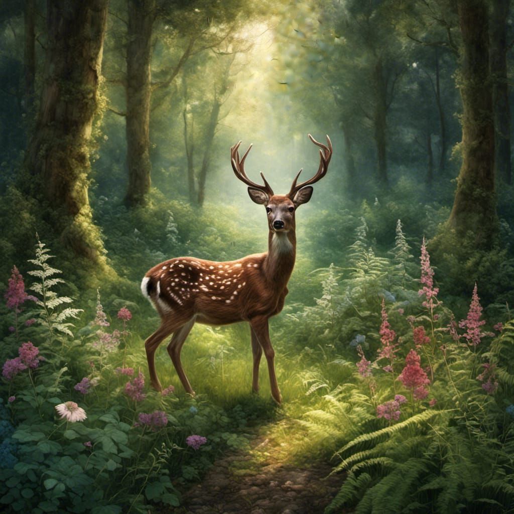 Deer in Sunlit Glade with Floral Fantasy