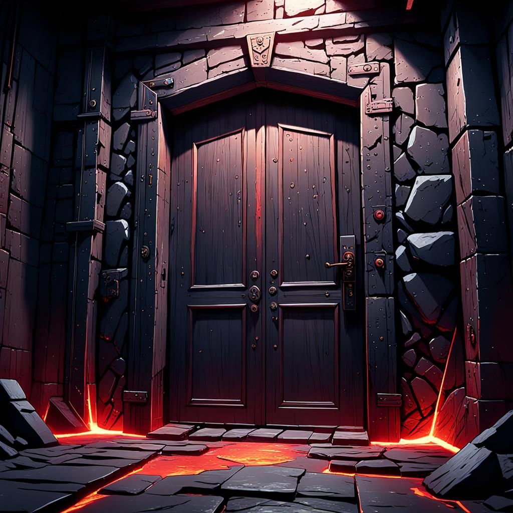Anime Dungeon Door with Lava Flow in Manga Style