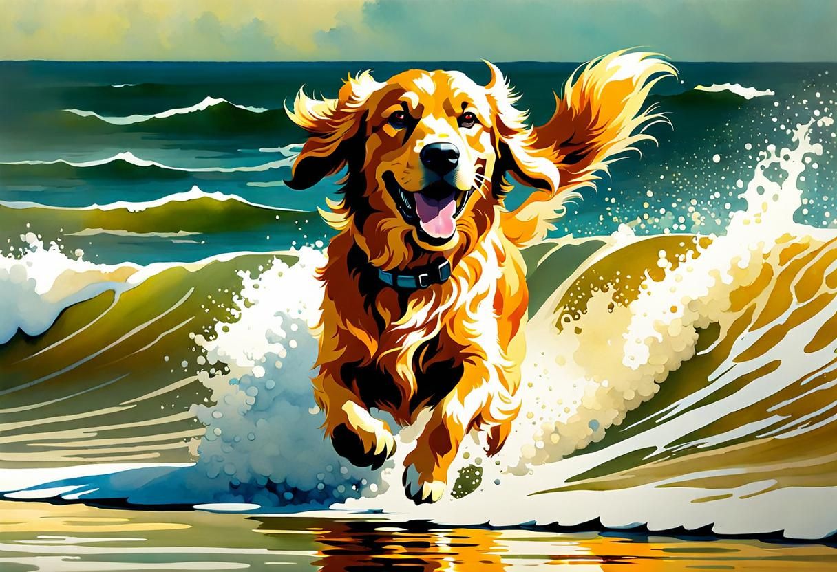 Golden Retriever in Surf: Watercolor Impressionism