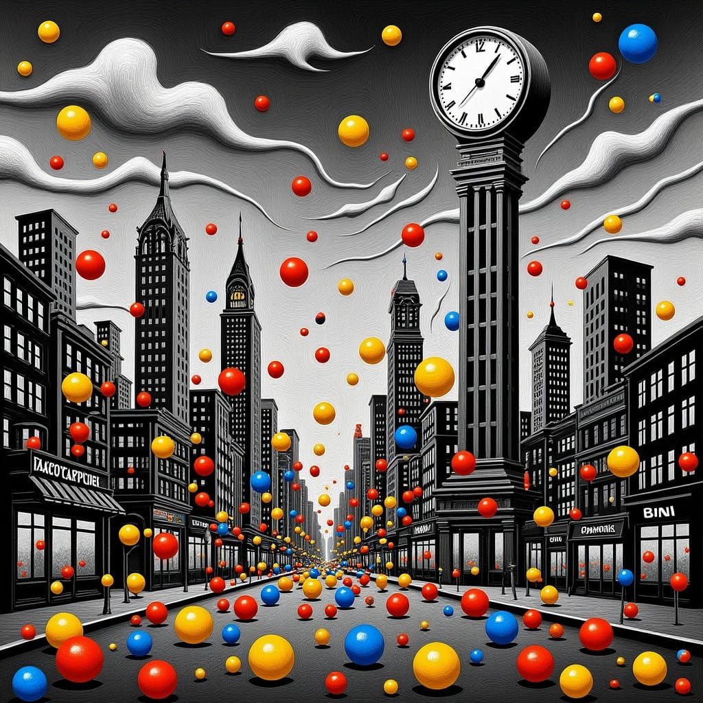Colorful Spheres Flood Surreal Cityscape with Clocktower