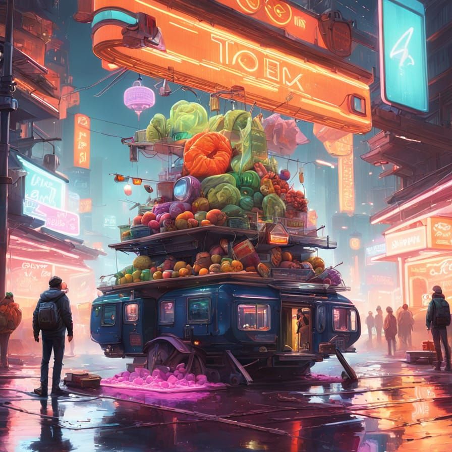Neon Nighttime Market Scene in Dystopian Futurism