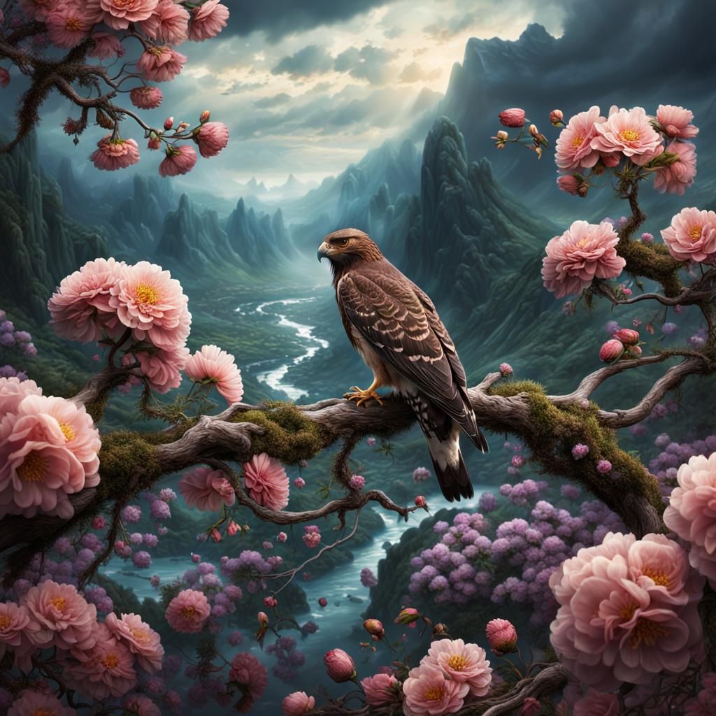 Hawk on Floral Branch: Digital Matte Painting