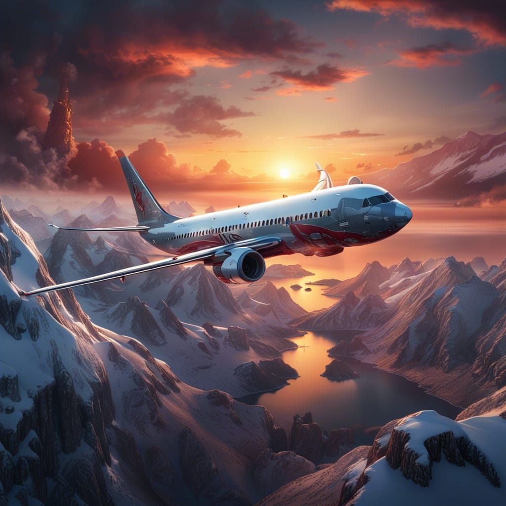 White Airplane Flies Over Lake at Sunset