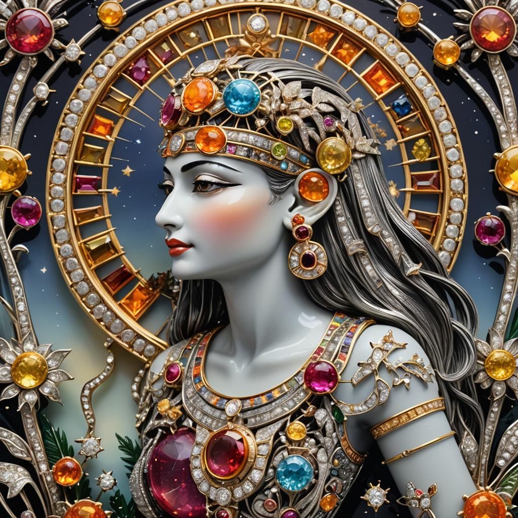 Egyptian Goddess Brooch in Platinum and Precious Gems