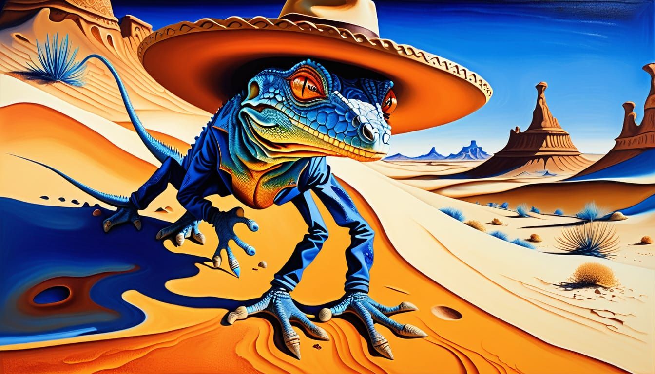 Lizard in Desert Landscape: Surrealist Oil Painting