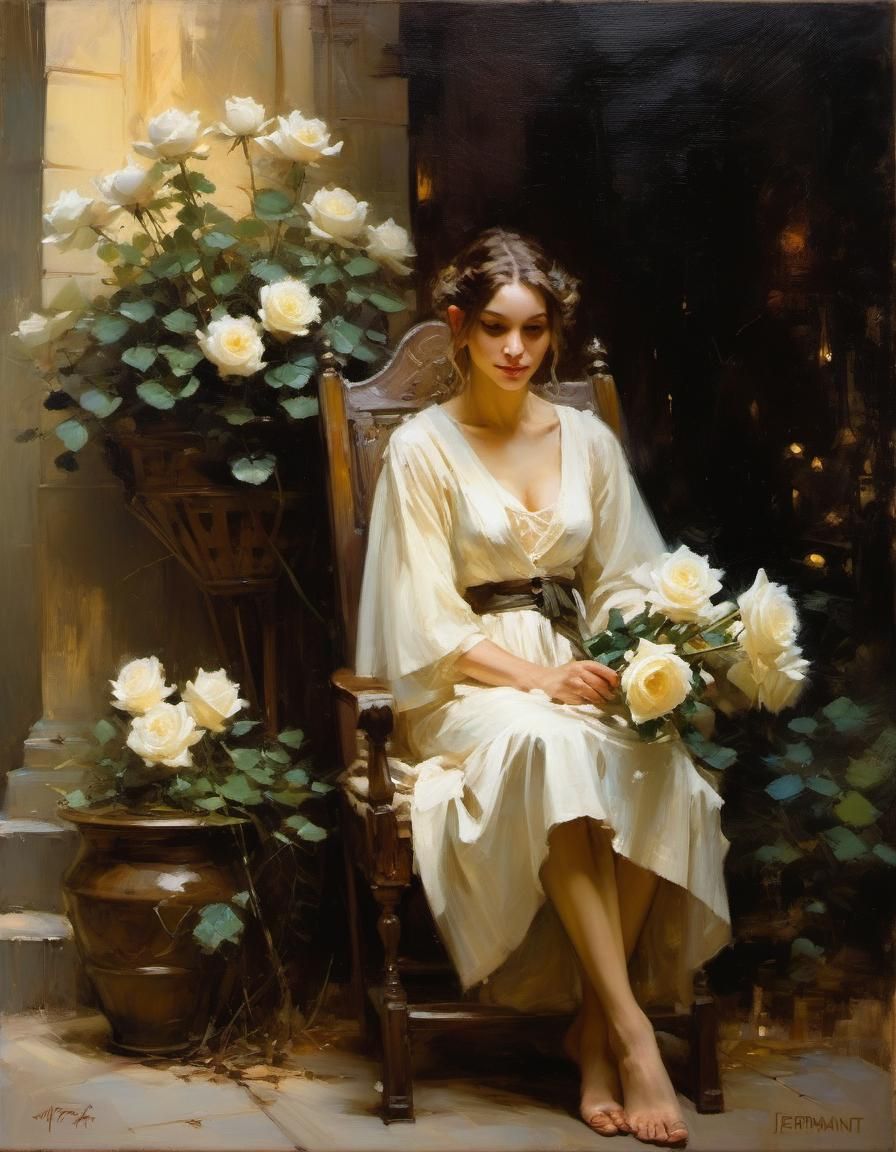 Chiaroscuro Oil Painting of a Druid with Rose