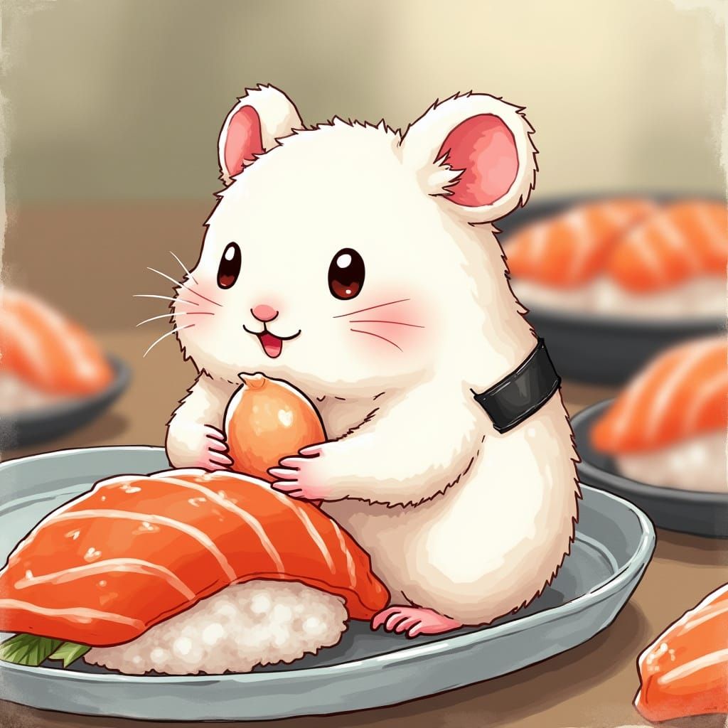 Sushi Hamster in Traditional Japanese Art Style