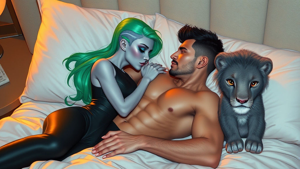 Alien Woman and Man Kiss with Lion Observer