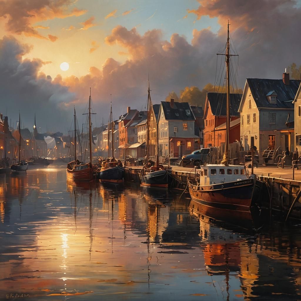 Norwegian Harbor at Sunrise in Dutch Masters Style