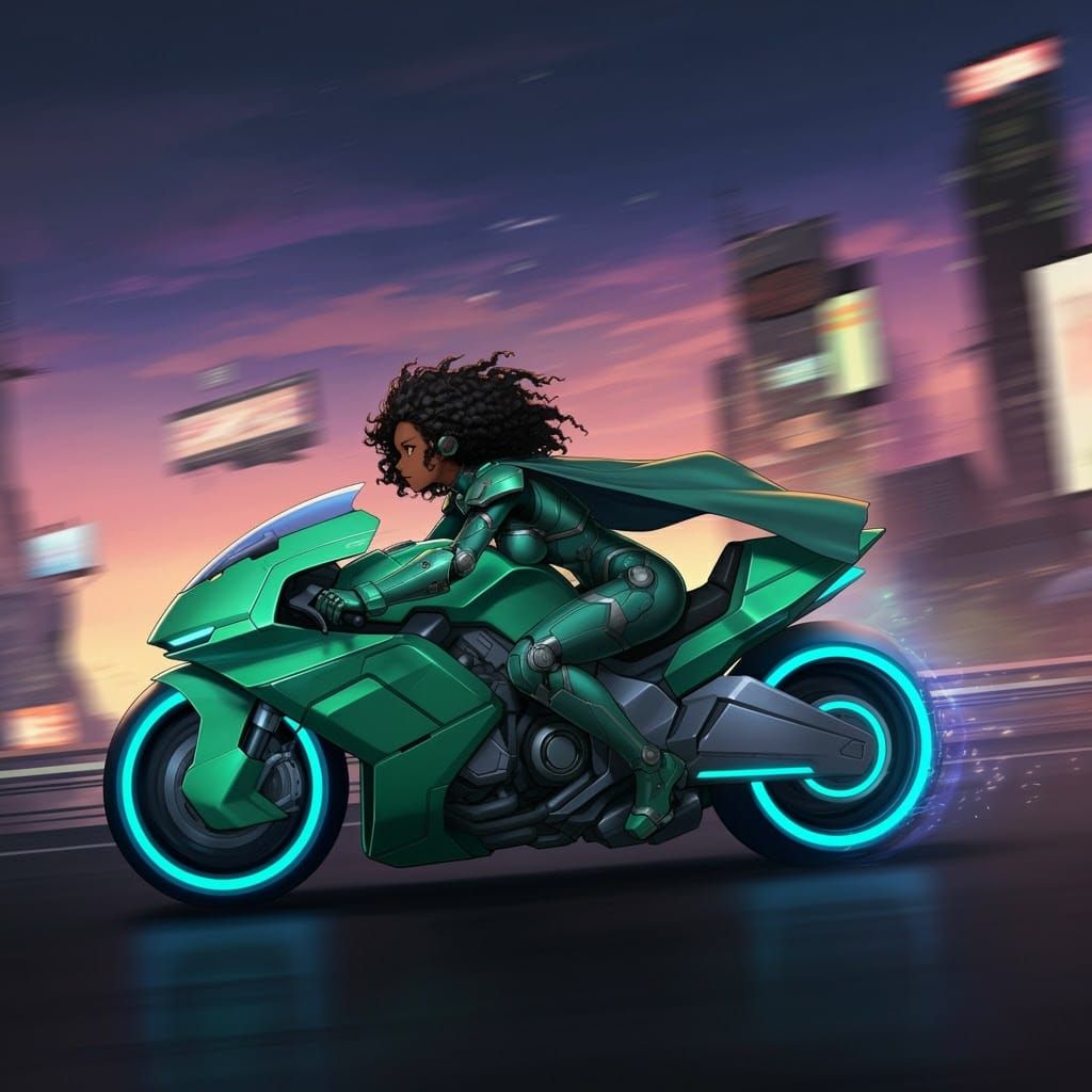 Anime Girl Rides Neon Motorcycle Through Cyberpunk City