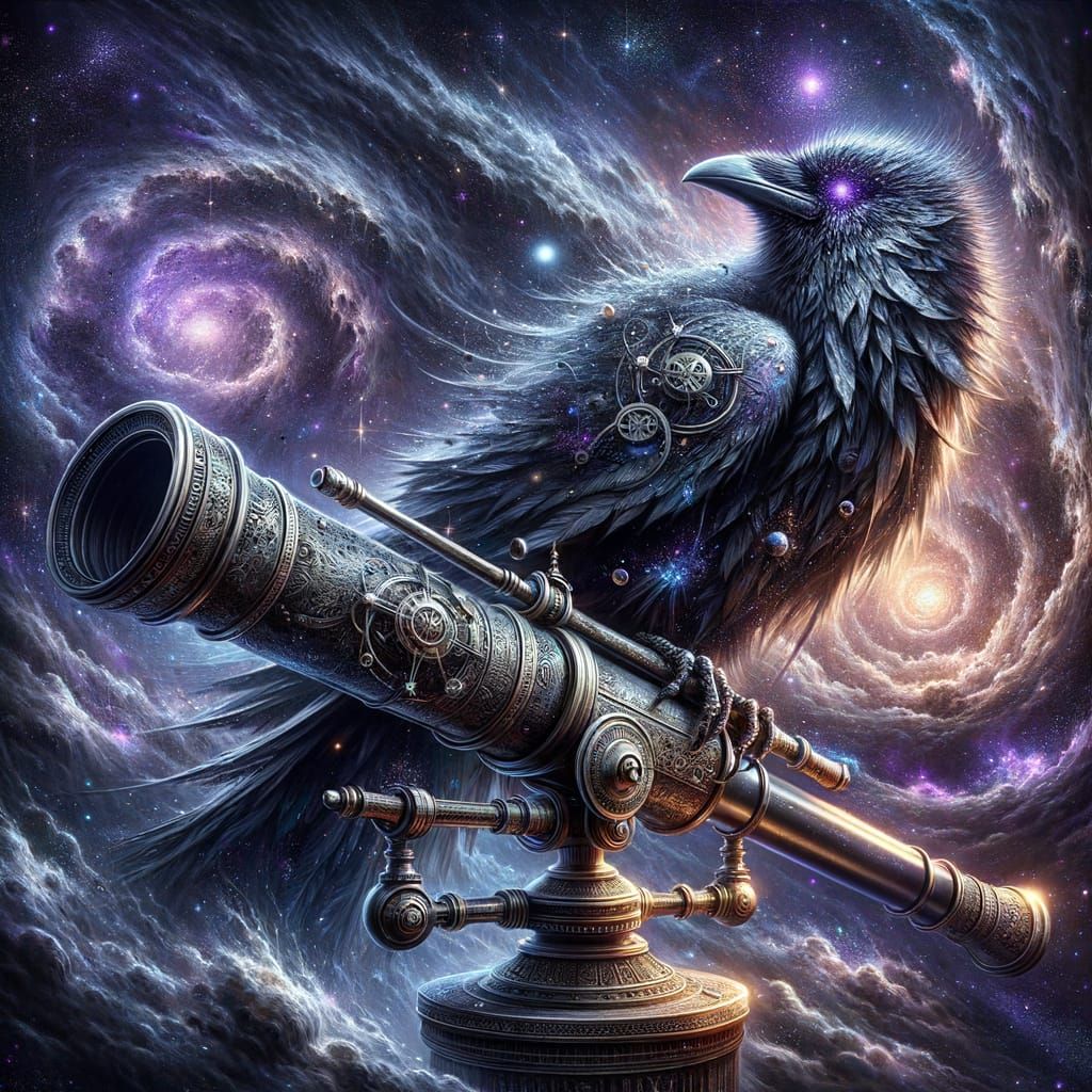 Stardust Raven on Telescope Gazing at Nebula