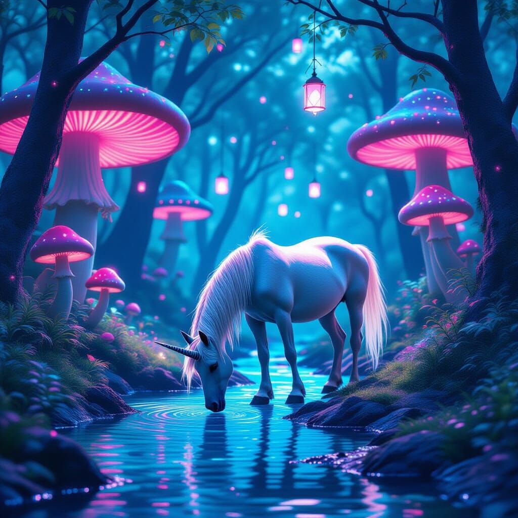 Enchanted Forest: Silver Unicorn in Ethereal Landscape