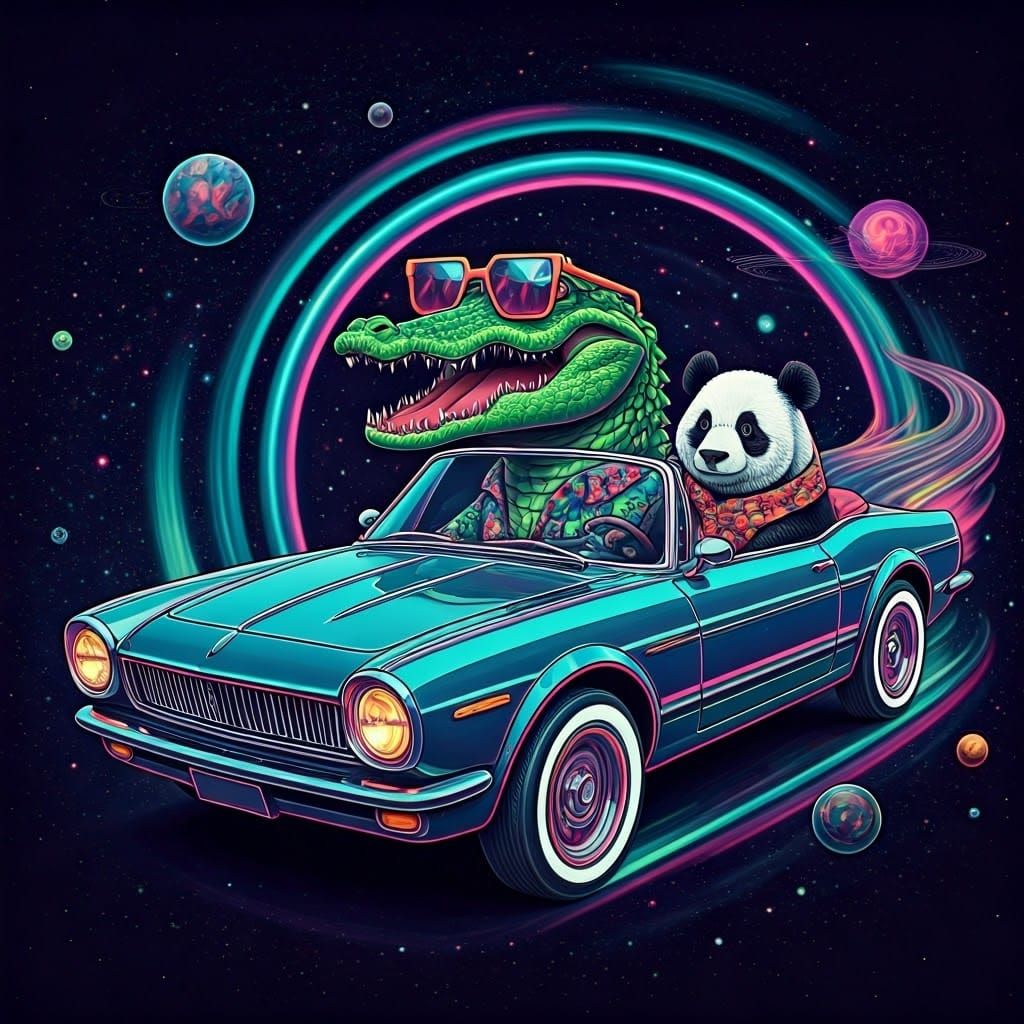 Alligator and Panda Cruise Through Space in Hologram