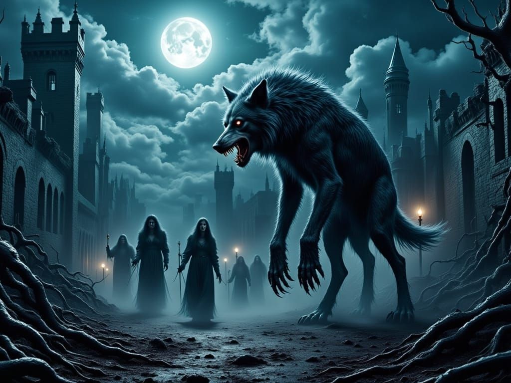Gothic Werewolf Vampire Battle Scene in Dark Fantasy Style