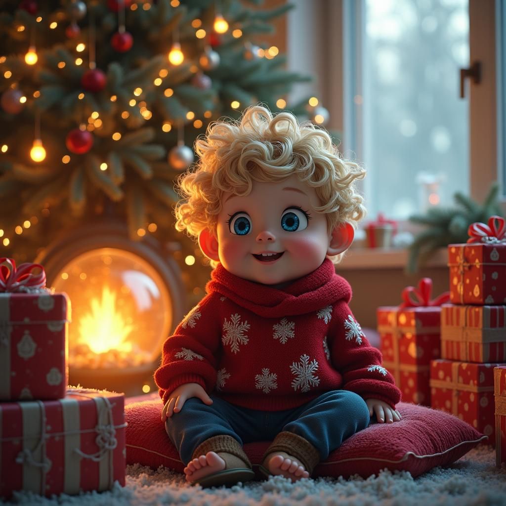 Christmas Morning Joy: Boy with Gifts in Matte Painting Styl...