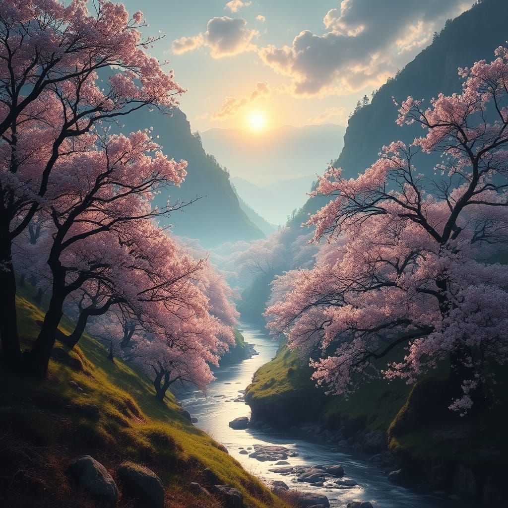 Cherry Blossom Valley Landscape in Bierstadt Style