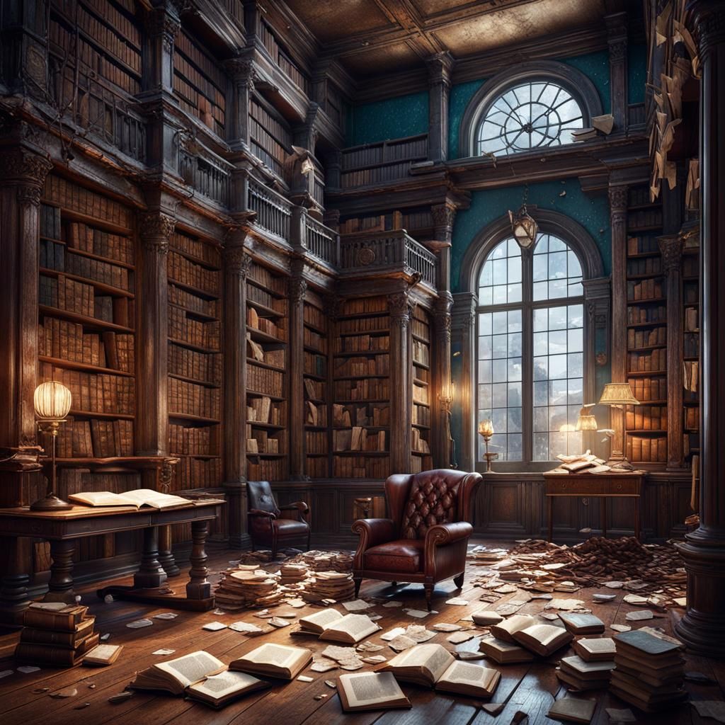 Old library room with dirty shelves full of books, a leather...