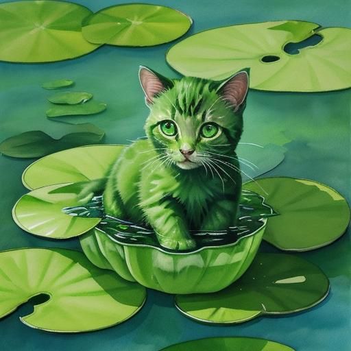 Green Kitten on Lilypad in Gouache Watercolor Style