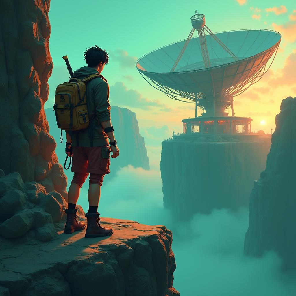 Anime Character Maintaining Satellite Dish on Cliffside
