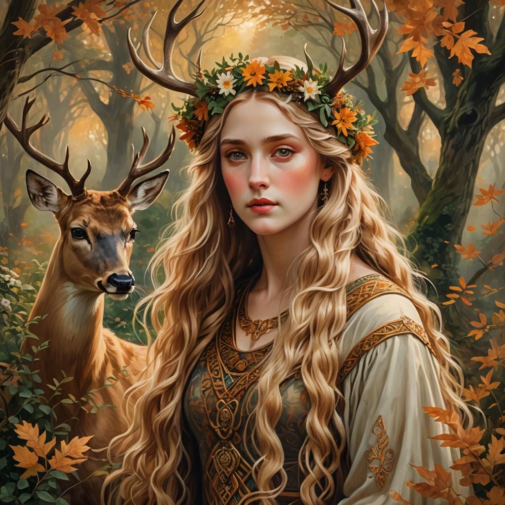 Pre-Raphaelite portrait. Medium shot. A Celtic goddess with long blond hair surrounded by deer and autumn foliage. Delic...