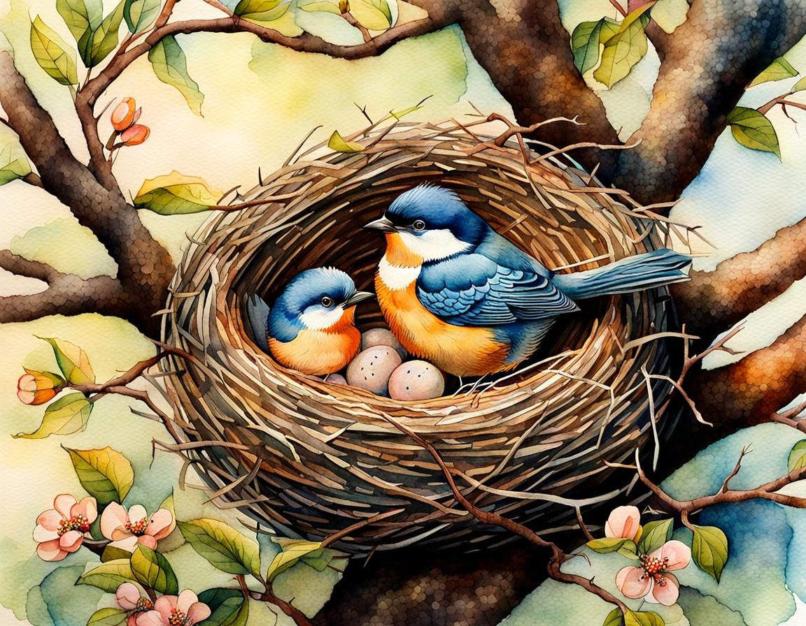 Cozy Bird's Nest Watercolor Storybook Illustration