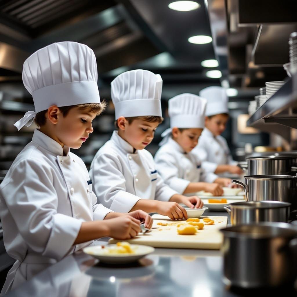 Young Chefs in Professional Kitchen, Hyperrealistic Photo