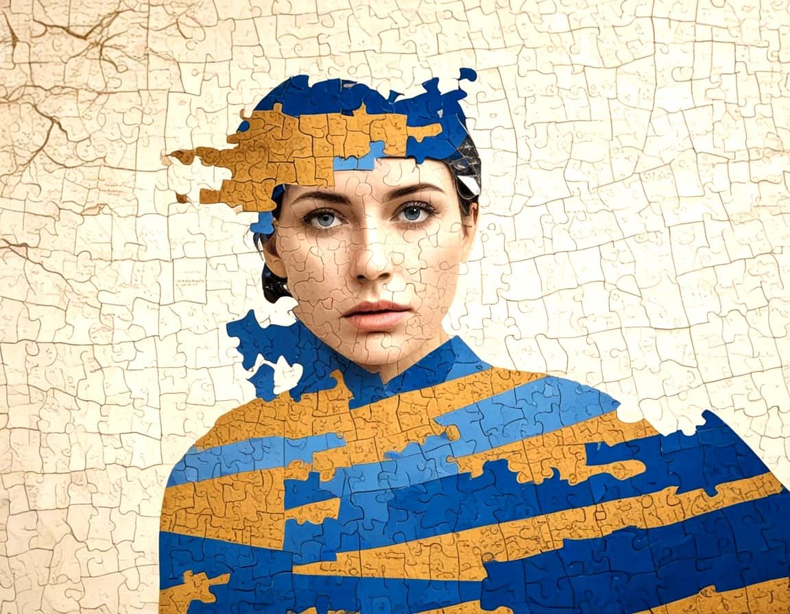 Woman Emerges from a Storm of Maps and Puzzles in a Blue Aes...