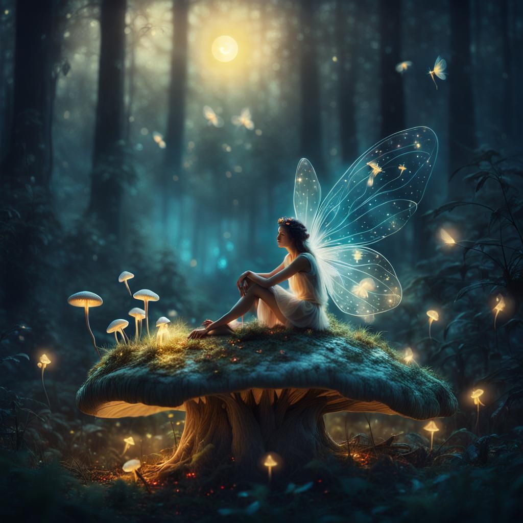 Fairy on Mushroom in Moonlit Forest, Surreal Light Art
