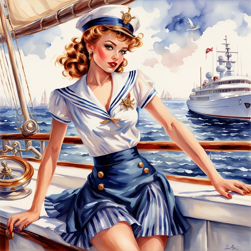 Pinup Sailor Woman on Yacht, Watercolor Fantasy Art