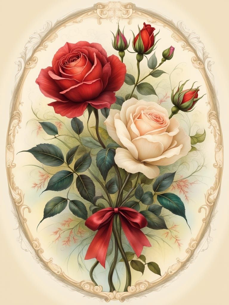 Elegant Vintage Floral Still Life in Traditional Illustrativ...
