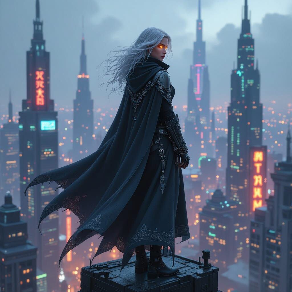Ethereal Cyberpunk Sorceress in Neon Metropolis