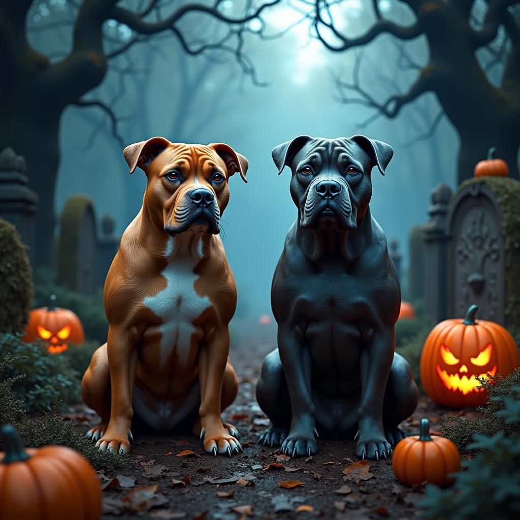 American Bullies in Spooky Graveyard, Dark Fantasy Art