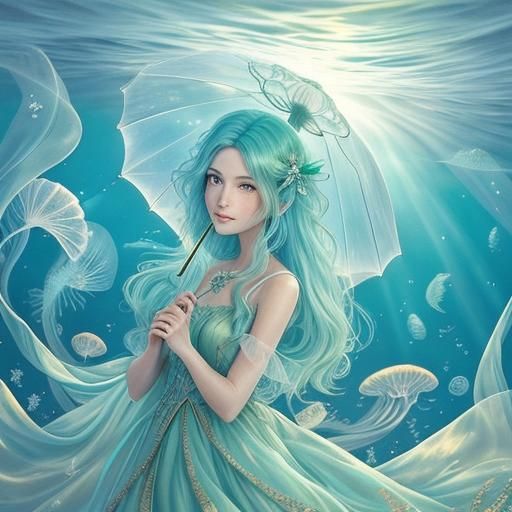 Emerald Jellyfish in Iridescent Ocean: Watercolor Art