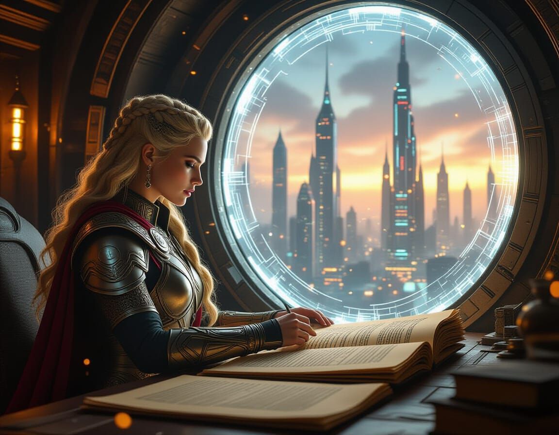 Norse Goddess Discovering a Futuristic Portal