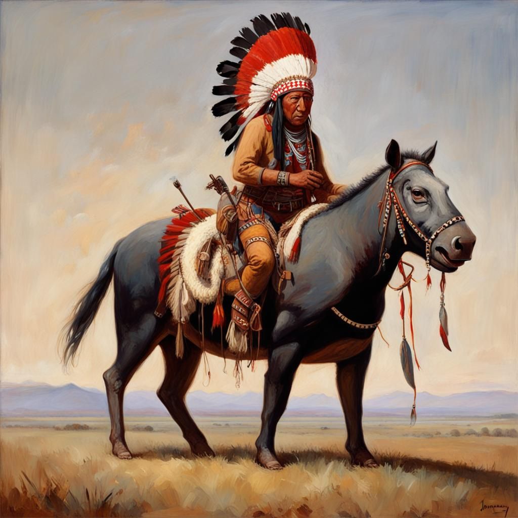 War Painted Indian Chief Rides Tapir in Old West Plains
