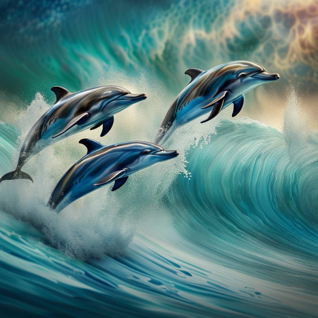 Dolphins Leaping: Hyperrealistic Digital Astral Illustration
