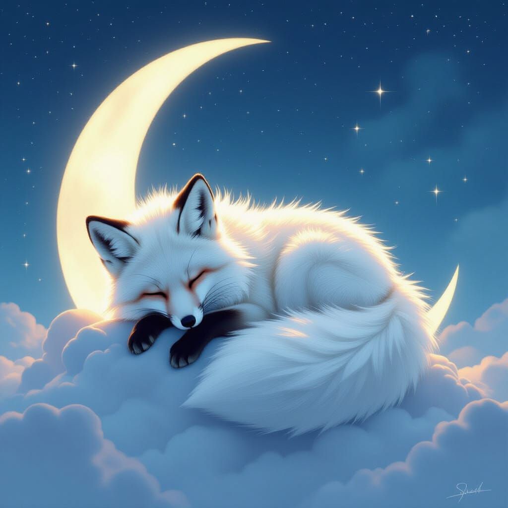 Celestial Arctic Fox Sleeping on Crescent Moon