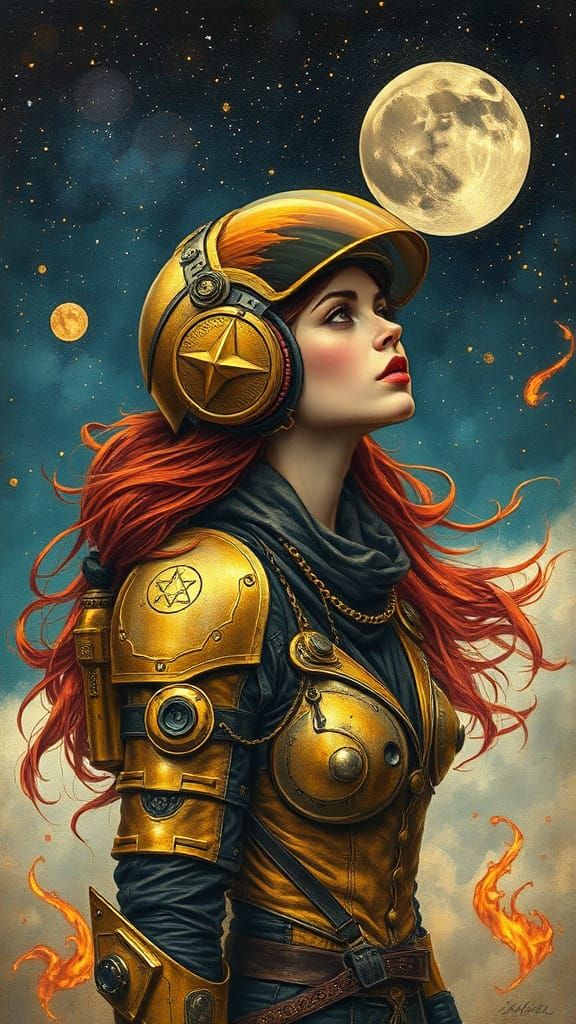 Golden Aviatrix Under Stars in Art Deco Style