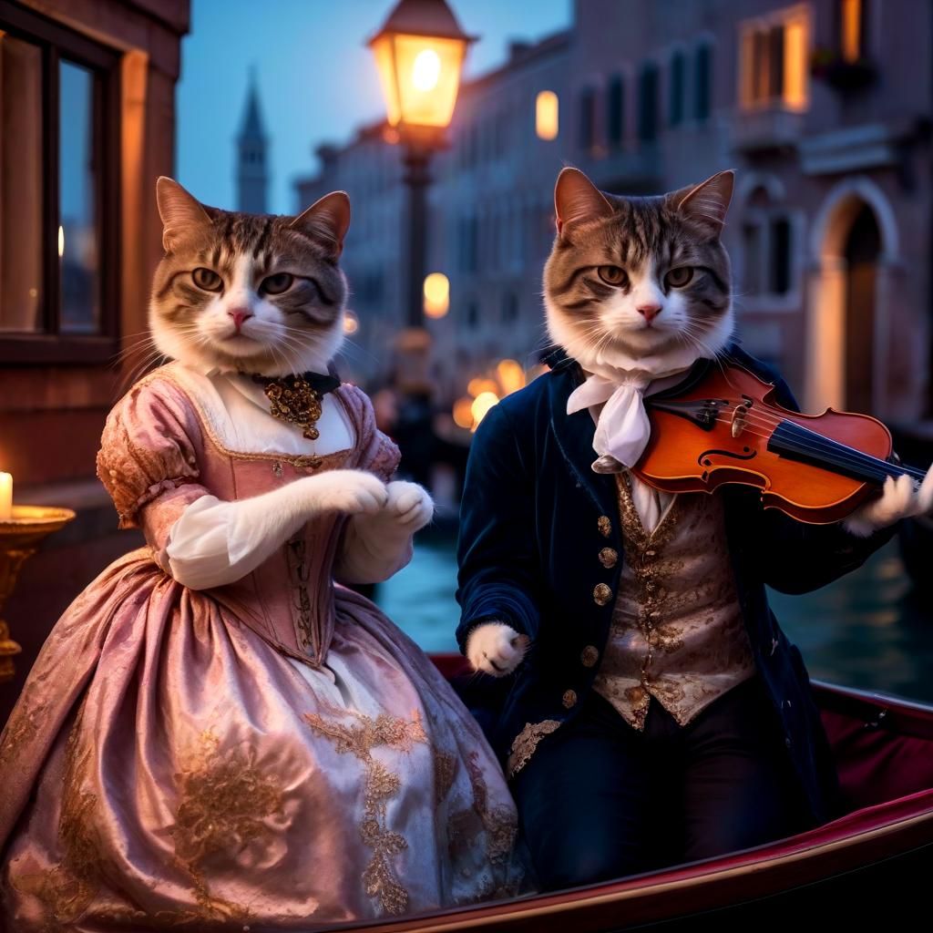 Romantic cats Juliet and Romeo are sitting in a Gondola in Venice…